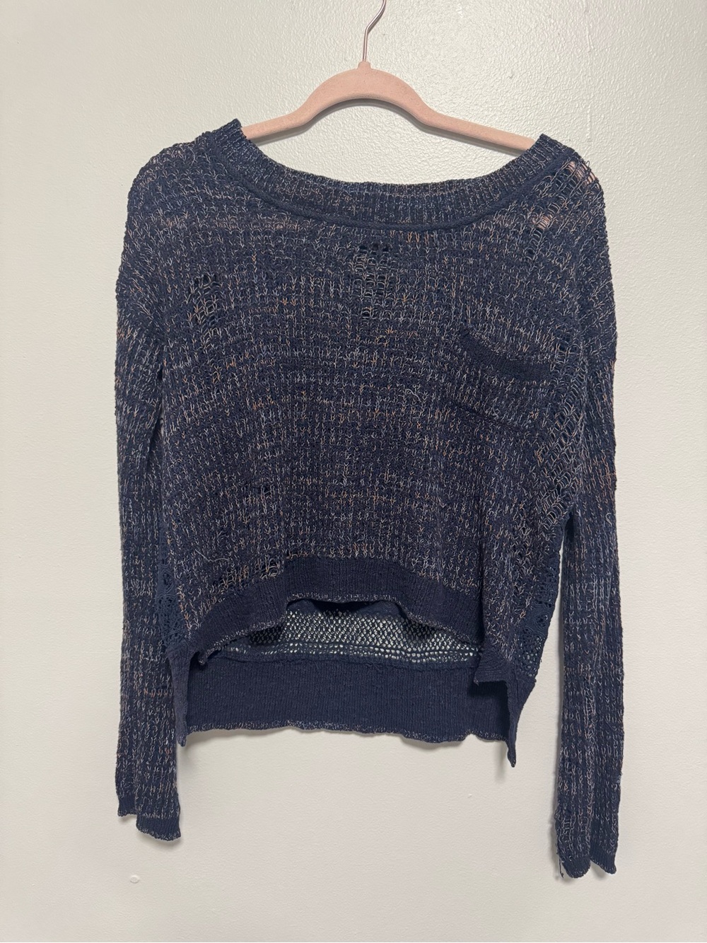 Free People Navy Blue Crotchet High Low Knit Sweater